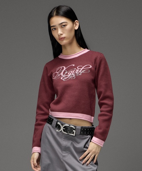 X-girl(エックスガール)の「RHINESTONE AND JACQUARD LOGO COMPACT KNIT TOP(ニット/セーター・レディース・バーガンディー/ブラック・ONE SIZE)」の3枚目の写真