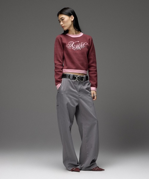 X-girl(エックスガール)の「RHINESTONE AND JACQUARD LOGO COMPACT KNIT TOP(ニット/セーター・レディース・バーガンディー/ブラック・ONE SIZE)」の4枚目の写真