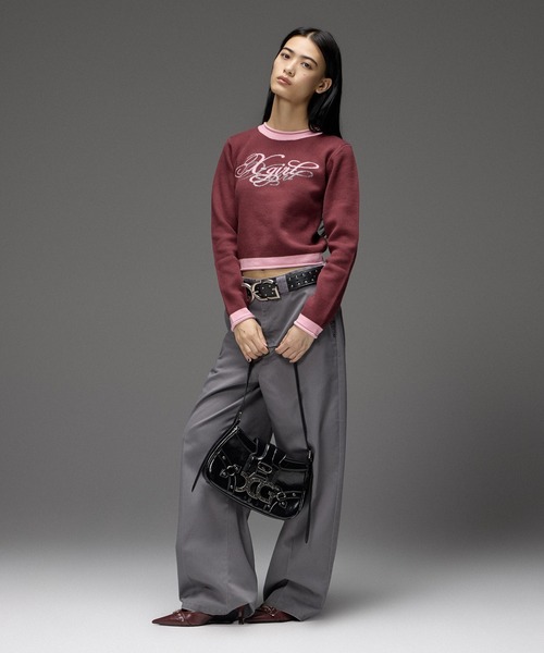 X-girl(エックスガール)の「RHINESTONE AND JACQUARD LOGO COMPACT KNIT TOP(ニット/セーター・レディース・バーガンディー/ブラック・ONE SIZE)」の5枚目の写真