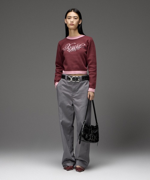X-girl(エックスガール)の「RHINESTONE AND JACQUARD LOGO COMPACT KNIT TOP(ニット/セーター・レディース・バーガンディー/ブラック・ONE SIZE)」の6枚目の写真