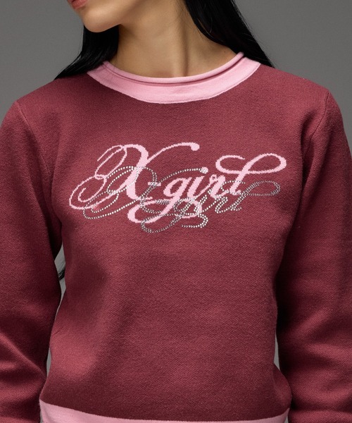 X-girl(エックスガール)の「RHINESTONE AND JACQUARD LOGO COMPACT KNIT TOP(ニット/セーター・レディース・バーガンディー/ブラック・ONE SIZE)」の7枚目の写真