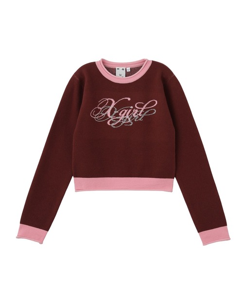 X-girl(エックスガール)の「RHINESTONE AND JACQUARD LOGO COMPACT KNIT TOP(ニット/セーター・レディース・バーガンディー/ブラック・ONE SIZE)」の8枚目の写真