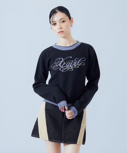 X-girl(エックスガール)の「RHINESTONE AND JACQUARD LOGO COMPACT KNIT TOP(ニット/セーター・レディース・バーガンディー/ブラック・ONE SIZE)」の15枚目の写真