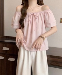 2WAYオフショルブラウス フリル袖 リボン パステルカラー