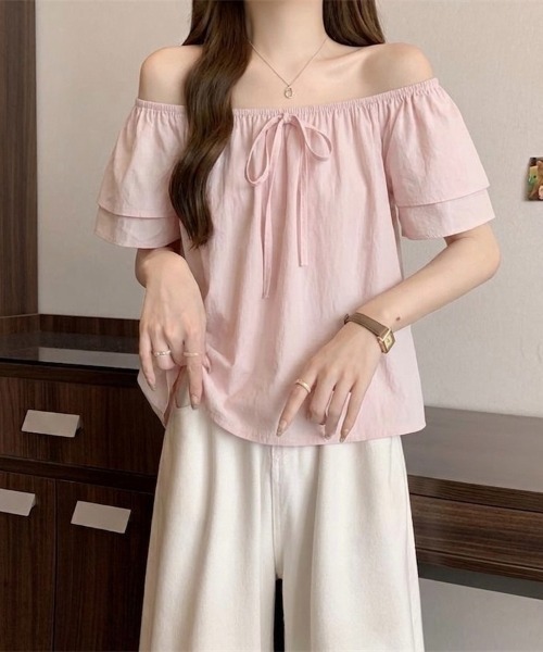 Beststore（ベストストア）の「2WAYオフショルブラウス フリル袖 リボン パステルカラー（シャツ/ブラウス・レディース・ライトピンク/ライトグリーン/ライトブルー/ホワイト・FREE）」の4枚目の写真