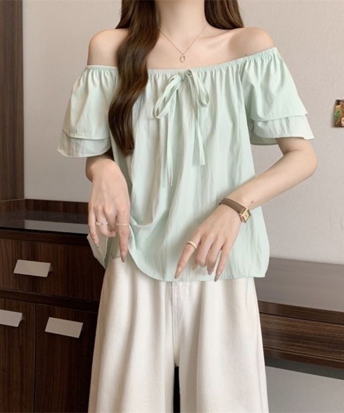 Beststore（ベストストア）の「2WAYオフショルブラウス フリル袖 リボン パステルカラー（シャツ/ブラウス・レディース・ライトピンク/ライトグリーン/ライトブルー/ホワイト・FREE）」の3枚目の写真