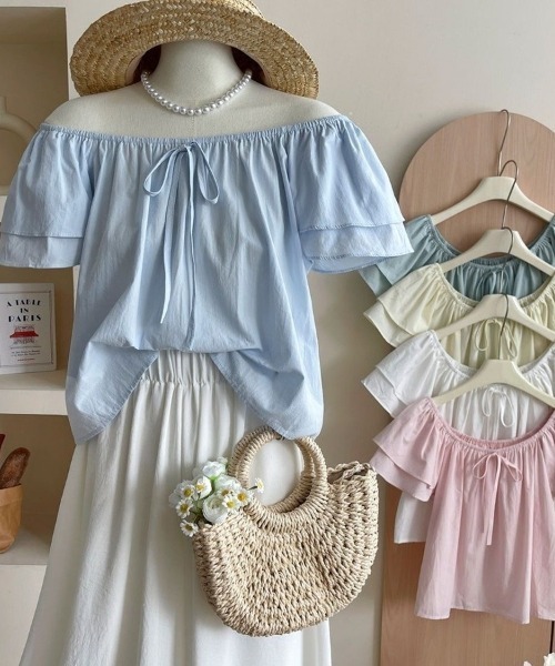 Beststore（ベストストア）の「2WAYオフショルブラウス フリル袖 リボン パステルカラー（シャツ/ブラウス・レディース・ライトピンク/ライトグリーン/ライトブルー/ホワイト・FREE）」の5枚目の写真