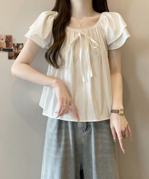 Beststore（ベストストア）の「2WAYオフショルブラウス フリル袖 リボン パステルカラー（シャツ/ブラウス・レディース・ライトピンク/ライトグリーン/ライトブルー/ホワイト・FREE）」の7枚目の写真