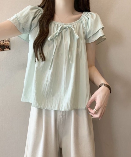 Beststore（ベストストア）の「2WAYオフショルブラウス フリル袖 リボン パステルカラー（シャツ/ブラウス・レディース・ライトピンク/ライトグリーン/ライトブルー/ホワイト・FREE）」の8枚目の写真