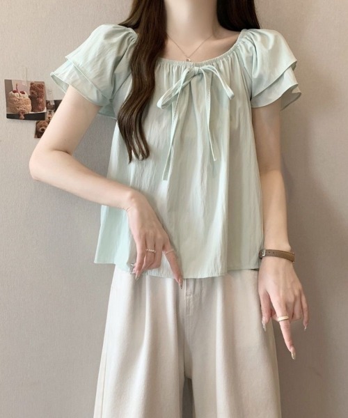 Beststore（ベストストア）の「2WAYオフショルブラウス フリル袖 リボン パステルカラー（シャツ/ブラウス・レディース・ライトピンク/ライトグリーン/ライトブルー/ホワイト・FREE）」の9枚目の写真