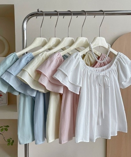 Beststore（ベストストア）の「2WAYオフショルブラウス フリル袖 リボン パステルカラー（シャツ/ブラウス・レディース・ライトピンク/ライトグリーン/ライトブルー/ホワイト・FREE）」の13枚目の写真