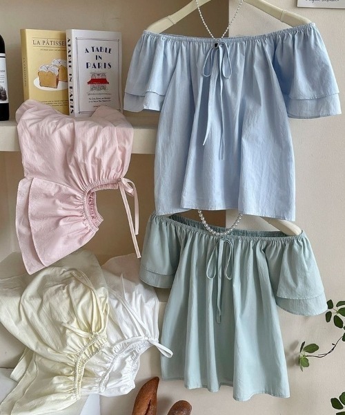 Beststore（ベストストア）の「2WAYオフショルブラウス フリル袖 リボン パステルカラー（シャツ/ブラウス・レディース・ライトピンク/ライトグリーン/ライトブルー/ホワイト・FREE）」の14枚目の写真