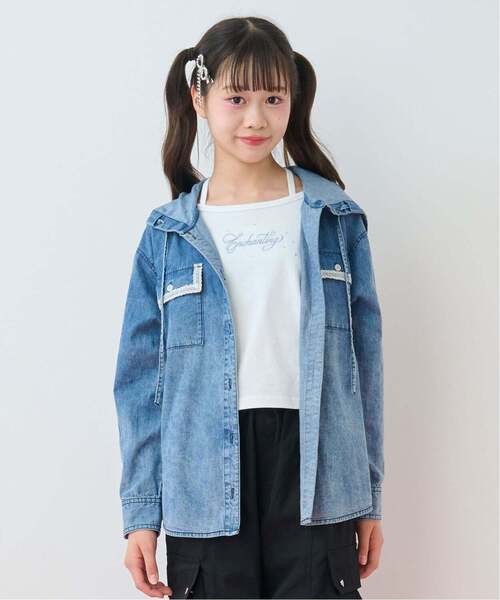 mezzo piano Junior(メゾピアノジュニア)の「フードシャツ×ラインストーンロゴ長袖Tシャツセット(シャツ/ブラウス・キッズ・アイボリー/ブルー・L:160cm/M:150cm/S:140cm)」の1枚目の写真