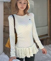 【Y2Kガーリー】 ドット柄 ペプラムヘム 長袖カットソー レイヤードスタイル