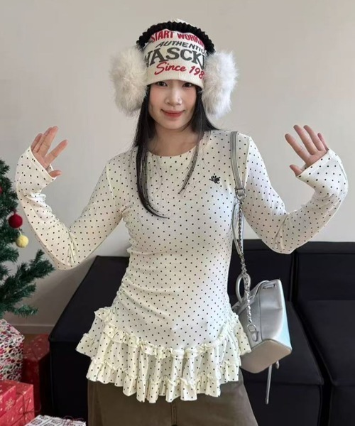 gossip!ロサンゼルス(ゴシップロサンゼルス)の「【Y2Kガーリー】 ドット柄 ペプラムヘム 長袖カットソー レイヤードスタイル(Tシャツ/カットソー・レディース・グレー/オフホワイト/ブラック・M)」の9枚目の写真