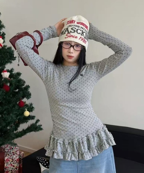 gossip!ロサンゼルス(ゴシップロサンゼルス)の「【Y2Kガーリー】 ドット柄 ペプラムヘム 長袖カットソー レイヤードスタイル(Tシャツ/カットソー・レディース・グレー/オフホワイト/ブラック・M)」の10枚目の写真