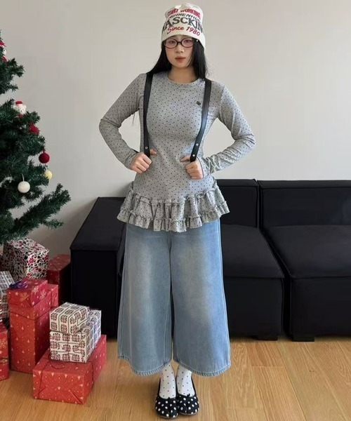 gossip!ロサンゼルス(ゴシップロサンゼルス)の「【Y2Kガーリー】 ドット柄 ペプラムヘム 長袖カットソー レイヤードスタイル(Tシャツ/カットソー・レディース・グレー/オフホワイト/ブラック・M)」の12枚目の写真