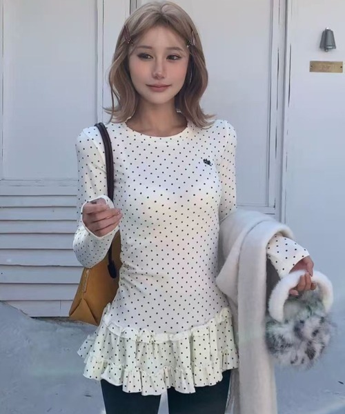 gossip!ロサンゼルス(ゴシップロサンゼルス)の「【Y2Kガーリー】 ドット柄 ペプラムヘム 長袖カットソー レイヤードスタイル(Tシャツ/カットソー・レディース・グレー/オフホワイト/ブラック・M)」の18枚目の写真