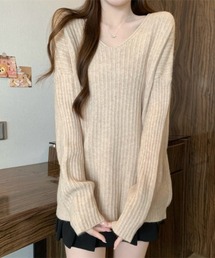 Vネック ロング丈 ニットトップス