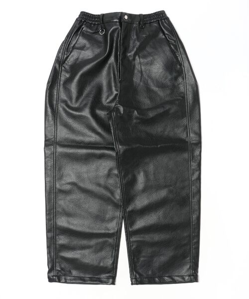 【SUPERTHANKS】ST263PT02B Shrink faux leatherside-tuck wide trousers