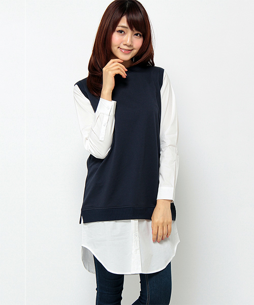LBC（エルビーシー）の「ミニ裏毛ベストxシャツチュニック（シャツ/ブラウス・レディース・ネイビー/アッシュグレー・LARGE/MEDIUM）」の2枚目の写真