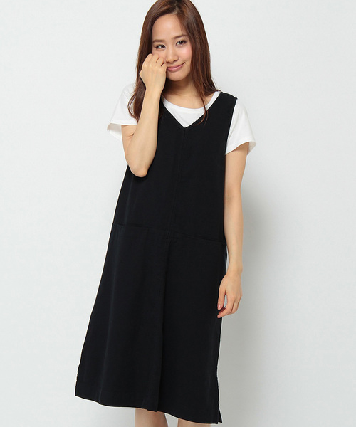 LBC（エルビーシー）の「コットンリネンノースリVネックワンピース     （ワンピース・レディース・ネイビー/オフホワイト/ライトブラウン・MEDIUM/LARGE）」の3枚目の写真