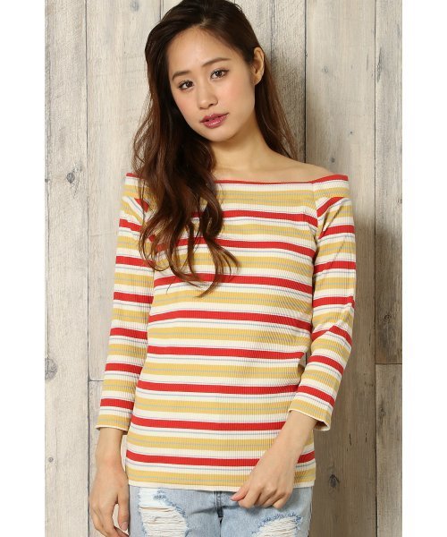 VENCEEXCHANGE(ヴァンスエクスチェンジ)の「マルチボーダーオフショル7分袖 (ニット/セーター・レディース・ピンク/イエロー/ネイビー・MEDIUM)」の1枚目の写真