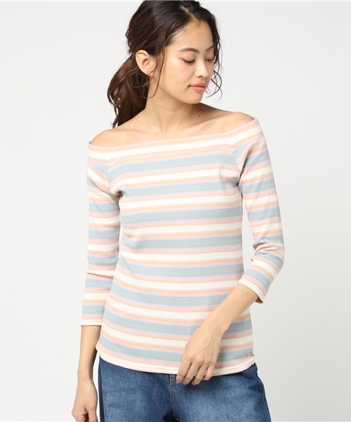 VENCEEXCHANGE(ヴァンスエクスチェンジ)の「マルチボーダーオフショル7分袖 (ニット/セーター・レディース・ピンク/イエロー/ネイビー・MEDIUM)」の13枚目の写真