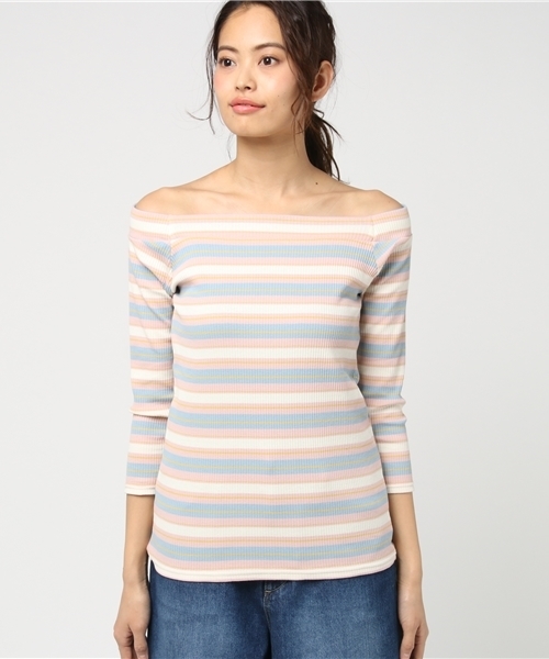 VENCEEXCHANGE(ヴァンスエクスチェンジ)の「マルチボーダーオフショル7分袖 (ニット/セーター・レディース・ピンク/イエロー/ネイビー・MEDIUM)」の4枚目の写真