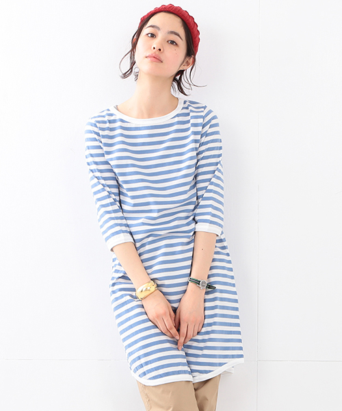 BEAMS BOY（ビームスボーイ）の「BEAMS BOY / 1cmボーダー 7分袖ワンピース（ワンピース・レディース・ブラック/ブラウン/ブルー系その他/グリーン/サックスブルー/レッド系その他/イエロー/ミント/ブルー/その他1/ネイビー/ブラック系その他/インディゴブルー・ONE SIZE）」の8枚目の写真