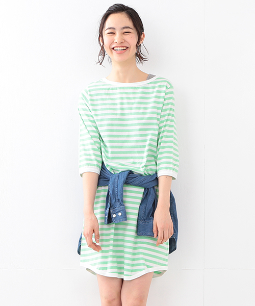 BEAMS BOY（ビームスボーイ）の「BEAMS BOY / 1cmボーダー 7分袖ワンピース（ワンピース・レディース・ブラック/ブラウン/ブルー系その他/グリーン/サックスブルー/レッド系その他/イエロー/ミント/ブルー/その他1/ネイビー/ブラック系その他/インディゴブルー・ONE SIZE）」の6枚目の写真