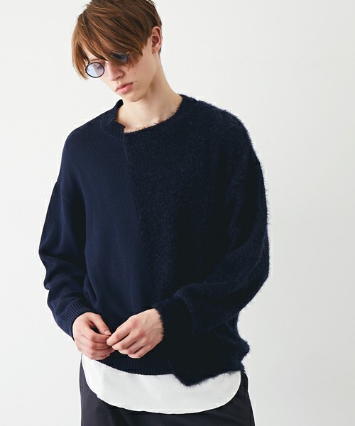 STUDIOUS(ステュディオス)の「【STUDIOUS】アシメコンビニット(ニット/セーター・メンズ・ブラック/ネイビー/パープル/バーガンディー・2/1)」の2枚目の写真