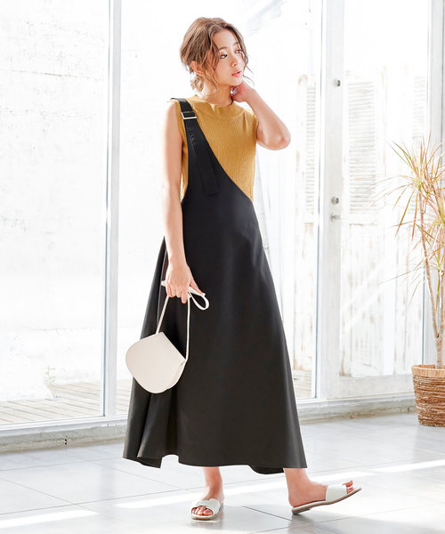 KOBE LETTUCE（コウベレタス）の「アシメワンショルダーマキシ丈ジャンパースカート（ワンピース・レディース・ベージュ/ブラック/ベージュ系その他/ブラウン・FREE）」の9枚目の写真