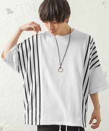 MinoriTY | 【2020春夏新作】ミニ裏毛ストライプ切替ビッグTシャツ ビッグシルエット(Tシャツ/カットソー)