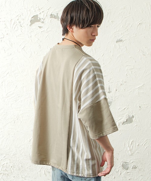 MinoriTY（マイノリティ）の「メンズ半袖ミニ裏毛ストライプ切替ビッグシルエットTシャツ（Tシャツ/カットソー・メンズ・ホワイト/ブラック/ベージュ・FREE）」の10枚目の写真