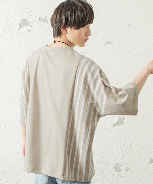 MinoriTY（マイノリティ）の「メンズ半袖ミニ裏毛ストライプ切替ビッグシルエットTシャツ（Tシャツ/カットソー・メンズ・ホワイト/ブラック/ベージュ・FREE）」の11枚目の写真
