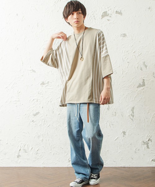 MinoriTY（マイノリティ）の「メンズ半袖ミニ裏毛ストライプ切替ビッグシルエットTシャツ（Tシャツ/カットソー・メンズ・ホワイト/ブラック/ベージュ・FREE）」の12枚目の写真