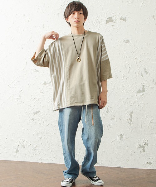 MinoriTY（マイノリティ）の「メンズ半袖ミニ裏毛ストライプ切替ビッグシルエットTシャツ（Tシャツ/カットソー・メンズ・ホワイト/ブラック/ベージュ・FREE）」の13枚目の写真