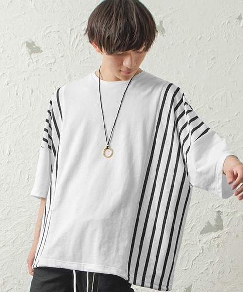 MinoriTY（マイノリティ）の「メンズ半袖ミニ裏毛ストライプ切替ビッグシルエットTシャツ（Tシャツ/カットソー・メンズ・ホワイト/ブラック/ベージュ・FREE）」の4枚目の写真