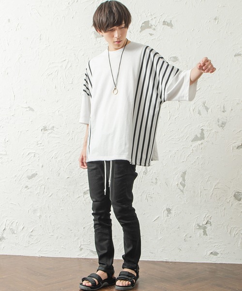 MinoriTY（マイノリティ）の「メンズ半袖ミニ裏毛ストライプ切替ビッグシルエットTシャツ（Tシャツ/カットソー・メンズ・ホワイト/ブラック/ベージュ・FREE）」の6枚目の写真