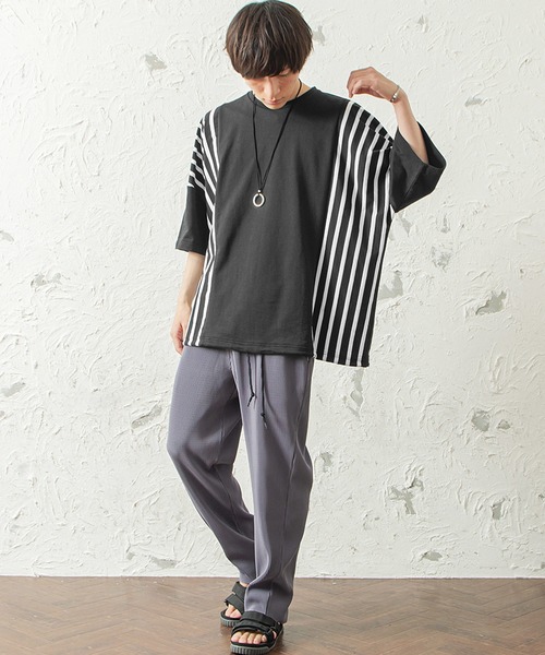 MinoriTY（マイノリティ）の「メンズ半袖ミニ裏毛ストライプ切替ビッグシルエットTシャツ（Tシャツ/カットソー・メンズ・ホワイト/ブラック/ベージュ・FREE）」の7枚目の写真