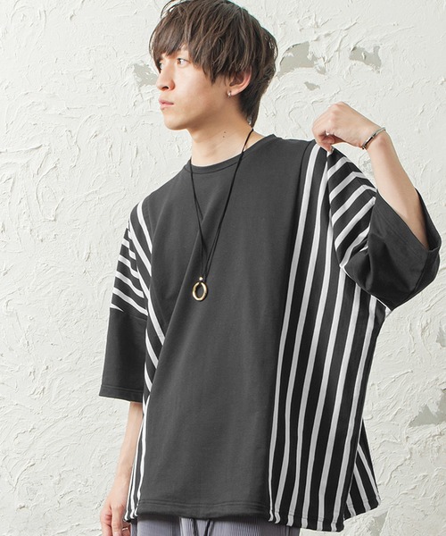 MinoriTY（マイノリティ）の「メンズ半袖ミニ裏毛ストライプ切替ビッグシルエットTシャツ（Tシャツ/カットソー・メンズ・ホワイト/ブラック/ベージュ・FREE）」の8枚目の写真