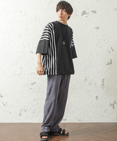 MinoriTY（マイノリティ）の「メンズ半袖ミニ裏毛ストライプ切替ビッグシルエットTシャツ（Tシャツ/カットソー・メンズ・ホワイト/ブラック/ベージュ・FREE）」の9枚目の写真