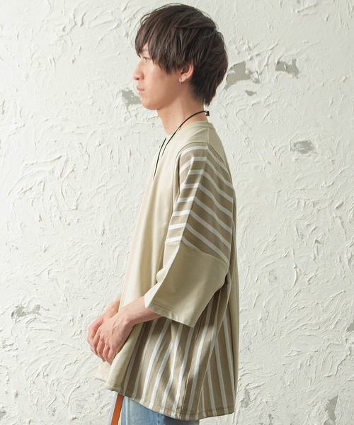 MinoriTY（マイノリティ）の「メンズ半袖ミニ裏毛ストライプ切替ビッグシルエットTシャツ（Tシャツ/カットソー・メンズ・ホワイト/ブラック/ベージュ・FREE）」の17枚目の写真