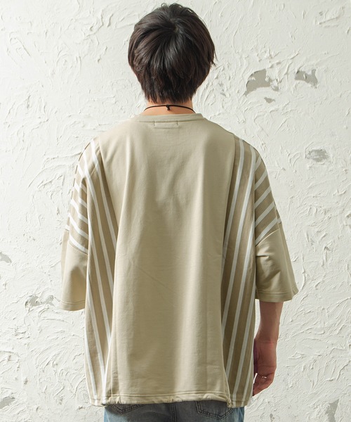 MinoriTY（マイノリティ）の「メンズ半袖ミニ裏毛ストライプ切替ビッグシルエットTシャツ（Tシャツ/カットソー・メンズ・ホワイト/ブラック/ベージュ・FREE）」の18枚目の写真
