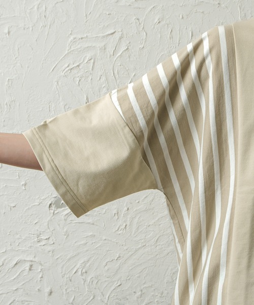 MinoriTY（マイノリティ）の「メンズ半袖ミニ裏毛ストライプ切替ビッグシルエットTシャツ（Tシャツ/カットソー・メンズ・ホワイト/ブラック/ベージュ・FREE）」の20枚目の写真