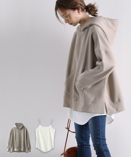 classicalelf（クラシカルエルフ）の「サイドスリットワイドパーカー(長袖)＆ロング丈レイヤード無地キャミソール２点セットアップ（パーカー・レディース・ライトカーキ/ベージュ/モカ/グレー/ブラック・LARGE/X-LARGE/MEDIUM）」の5枚目の写真