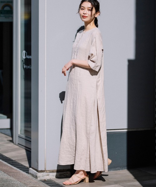 セール フレンチリネンキャンバス ヘンリーネックマキシワンピース ワンピース Munich ミューニック のファッション通販 Zozotown