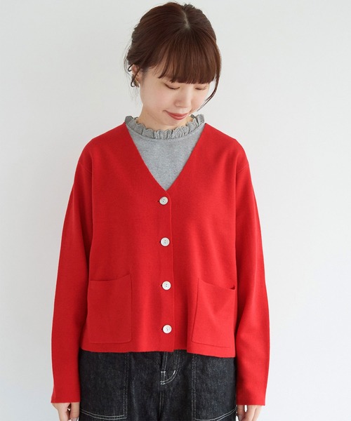 aimer le mieux（エメルミュー）の「aimer ミラノリブ　Vネックカーディガン（カーディガン/ボレロ・レディース・ダークネイビー/キナリ/レッド・FREE）」の3枚目の写真