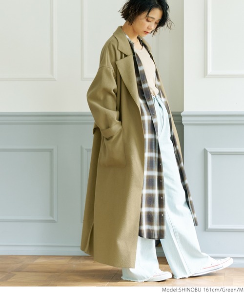 cara　ウールガウンコート ELFRANK ノーカラーコート コート ウールコート ベルテッド